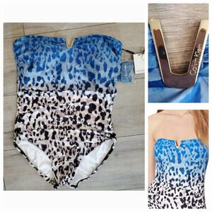 Calvin Klein Women's Bandeau One-Piece blue Leopard gold logo  Swimsuit size 10